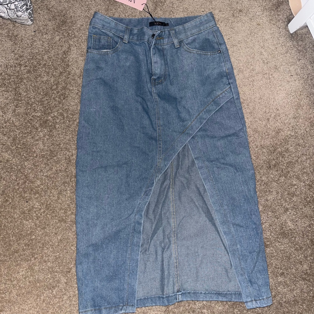 MICAS Asymmetric Denim Wrap Slit Skirt | Size L